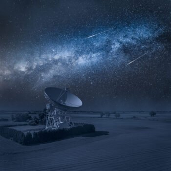 Astronomical observatory and milky way with falling stars at nig Astronomical observatory and milky way with falling stars above at night. Observatory astronomical in Poland.
