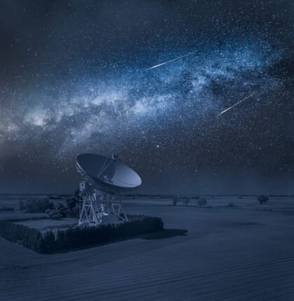 Astronomical observatory and milky way with falling stars above at night. Observatory astronomical in Poland.