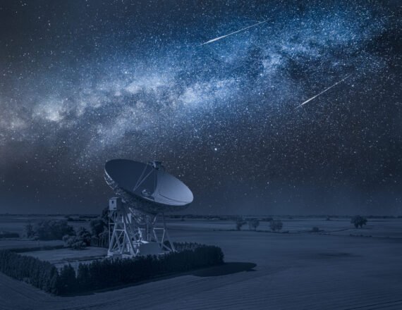 Astronomical observatory and milky way with falling stars above at night. Observatory astronomical in Poland.