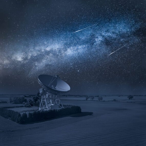 Astronomical observatory and milky way with falling stars above at night. Observatory astronomical in Poland.