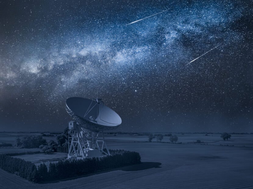 Astronomical observatory and milky way with falling stars above at night. Observatory astronomical in Poland.